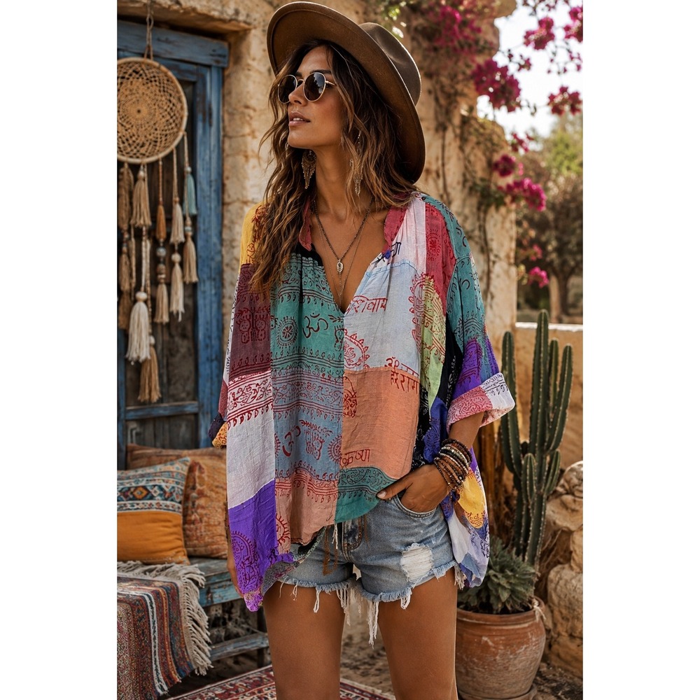 Kathmandu Women Medium Patchwork Top Dolman Sleeve Boho Blouse Indie Om Ethnic
